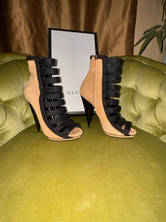Gucci Brown/Black Suede and Fabric Olimpia Strappy Ankle Boots Size 38 - Picture 11 of 11